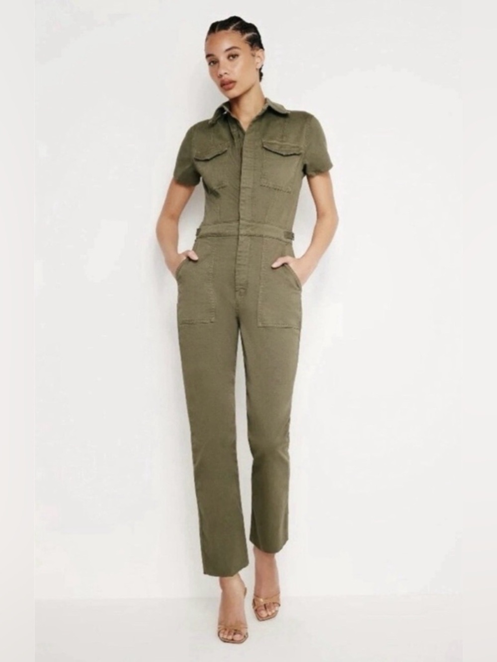 Good American Fit For Success Jumpsuit Army Green Utility Zip Front Size 2